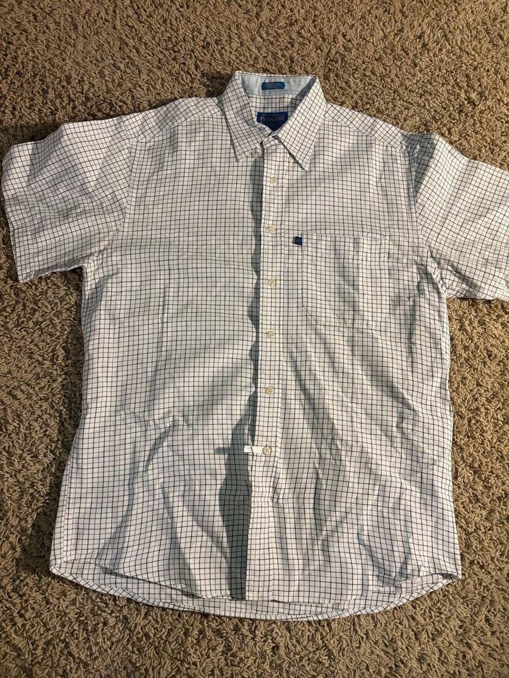 Pendleton Short Sleeve Button Down Shirt Size M White Blue Grid Check
